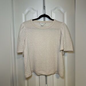 Club Monaco - Casual Simple Gingham Yacht Cream Short Sleeve Knit Top in Size L